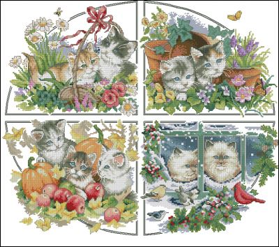 Вышивка крестом Котята четыре сезоны
