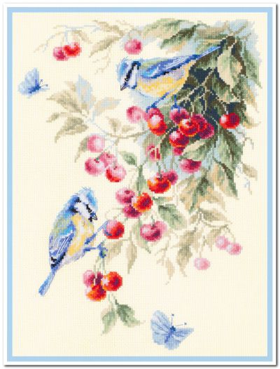 Вышивка крестом Синицы и вишня