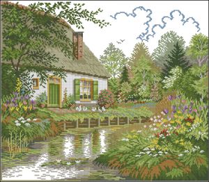 Вышивка крестом Сельский дои и лесное озеро