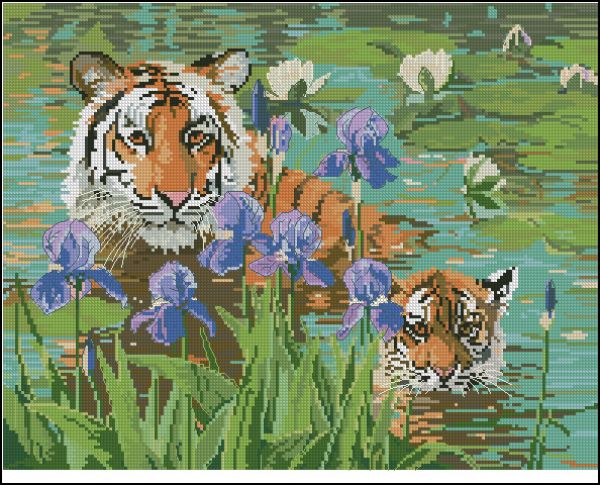Вышивка крестом Тигры - мама и малыш