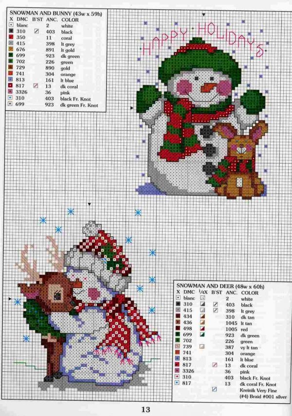 схема вышивки крестом снеговики