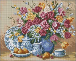 схема вышивки крестом весенние цветы и голубой сервиз от чудесных мгновений
