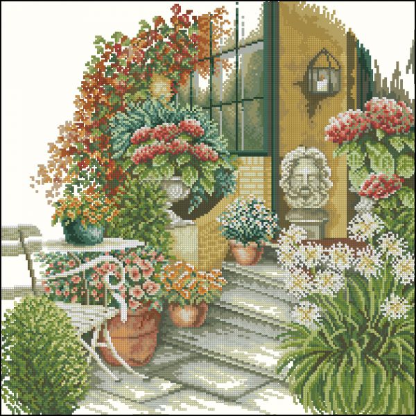 Вышивка крестом Терасса в осенних цветах