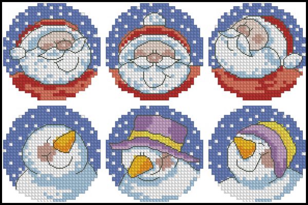 схема вышивка крестом Санты и снеговики