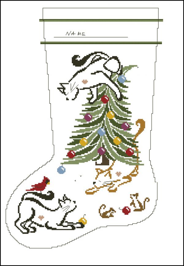 схема вышивки крестом новогодний сапожок с  кошками