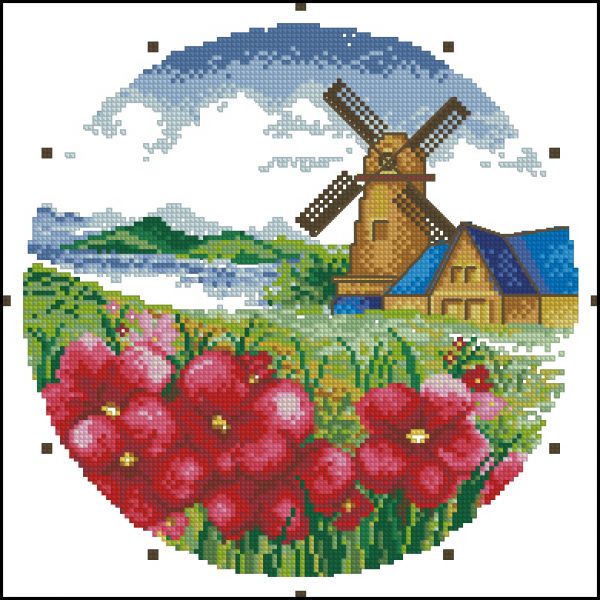 схема вышивки крестом часы с мельницей и маками