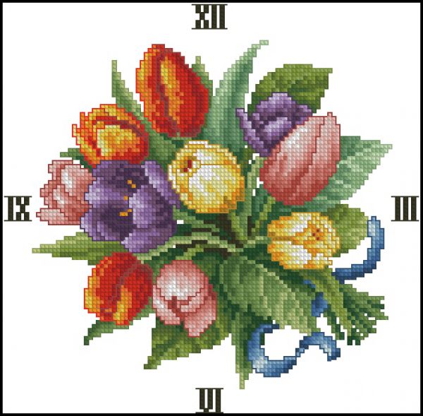 схема вышивки крестом часы с тюльпанами