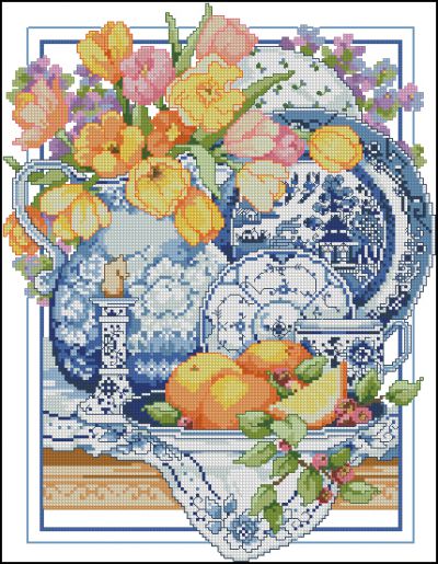 схема вышивки крестом цветочная посуда