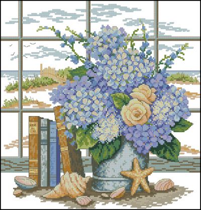 Вышивка крестом Гортензии и ракушки
