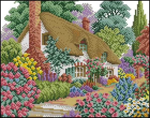 Вышивка крестом Домик в цветах