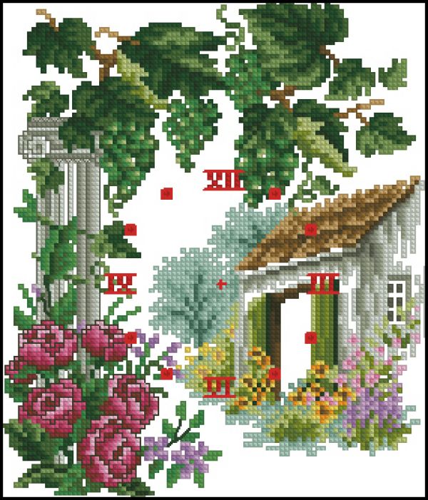 вышивка крестом часы с домиком - летний сад