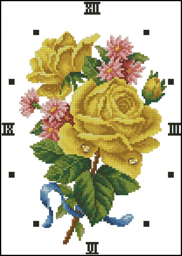 схема вышивки крестом часы с цветами - желтые розы