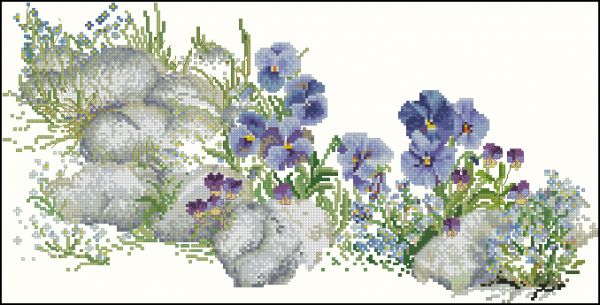 Вышивка крестом Синие цветы на скалах