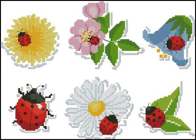 Вышивка крестом Божьи коровки на цветах