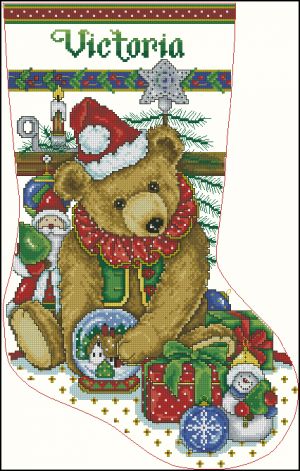 схема вышивки крестом новогодний сапожок  с медведем