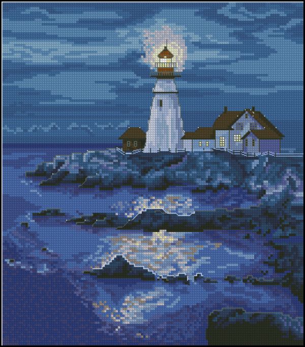 схема вышивки крестом маяк в ночной мгле  от чудесных мгновений