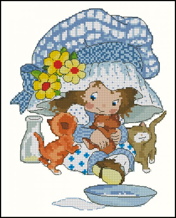 Вышивка крестом Девочка с котятами