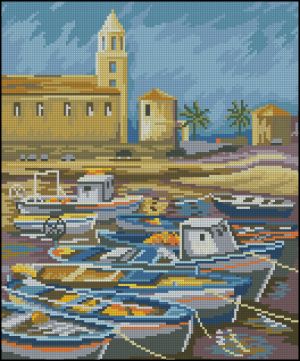 схема вышивки крестом лодки у пирса
