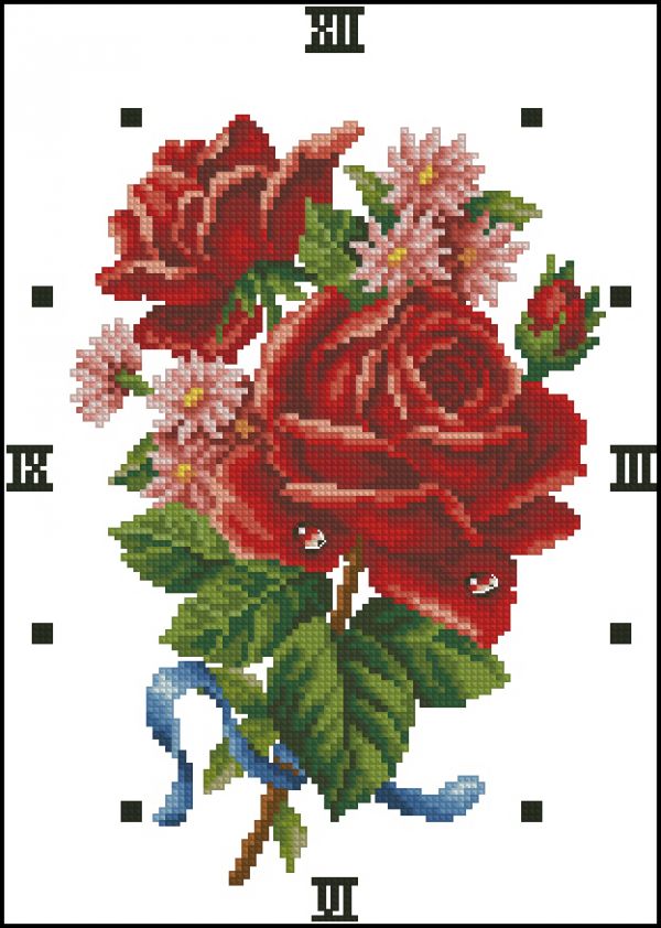 схема вышивки крестом часы с цветами красная роза