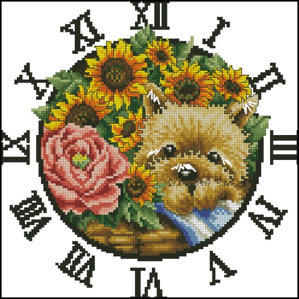 схема вышивки крестом часы - щенок в цветах