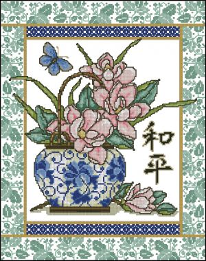 Вышивка крестом Магнолия в голубой вазе