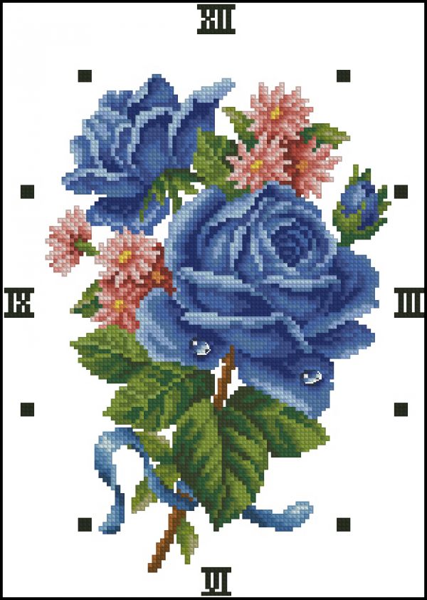 схема вышивки крестом часы с цветами синяя роза