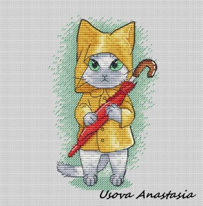 Вышивка крестом Котенок в дождевике