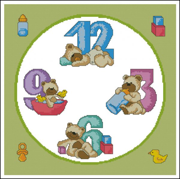 схема вышивки крестом часы с мишками в детскую