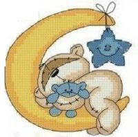 Вышивка крестом детской метрики Мишутка на луне