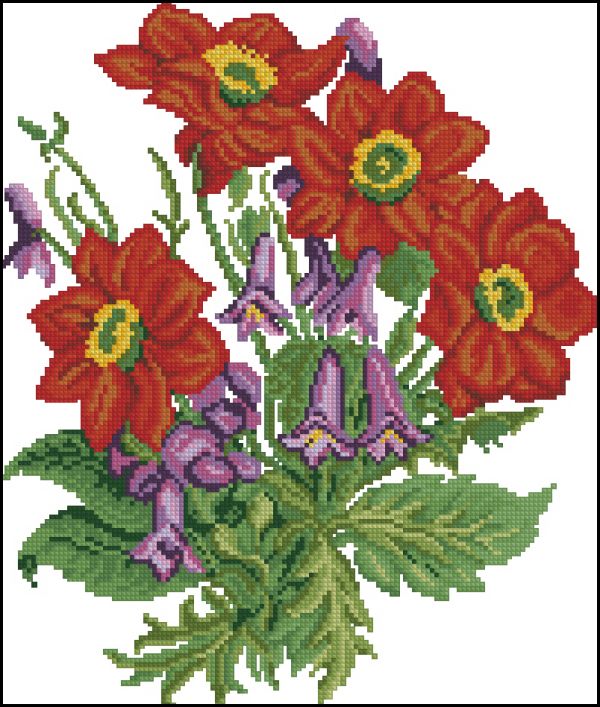 Вышивка крестом Колокольчики и красные цветы