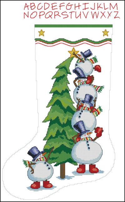схема вышивки крестом дерево и снеговики - новогодний сапожок