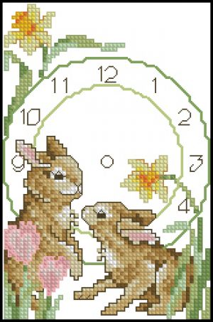 схема вышивки крестом часы в детскую с кроликами