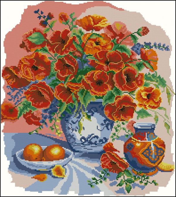 схема вышивки крестом натюрморт Маки в вазе