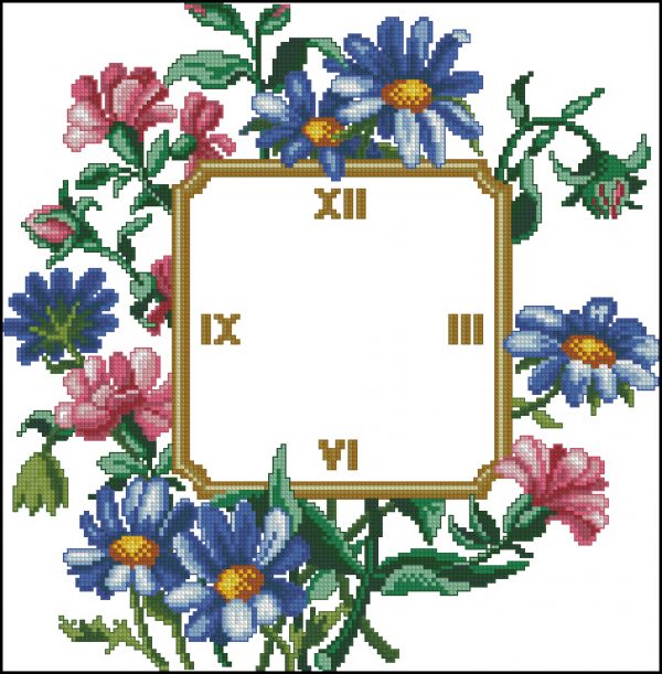 схема вышивки крестом часы с цветочным букетом