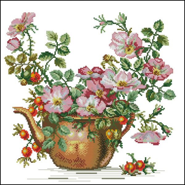 Вышивка крестом Медный чайник с розой