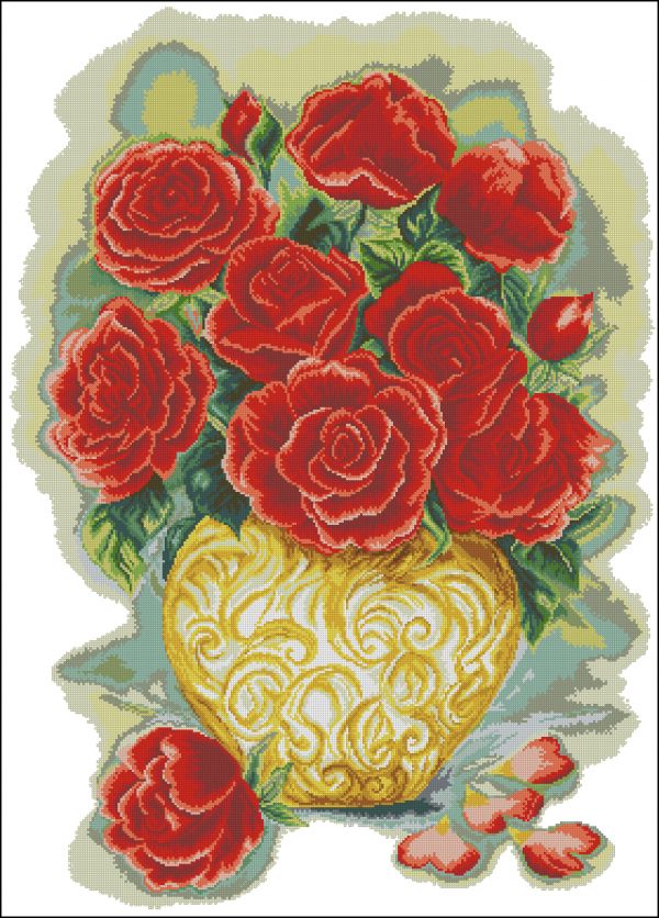 Вышивка крестом Красные розы в вазе