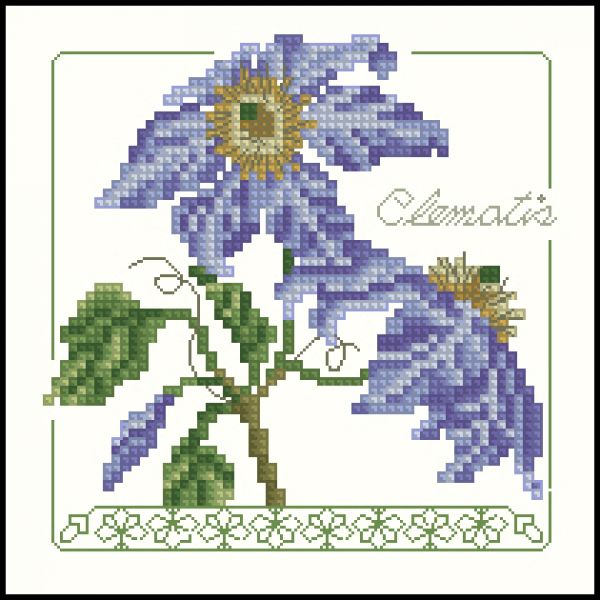 Вышивка крестом с элементами блекворк Нежные клематисы