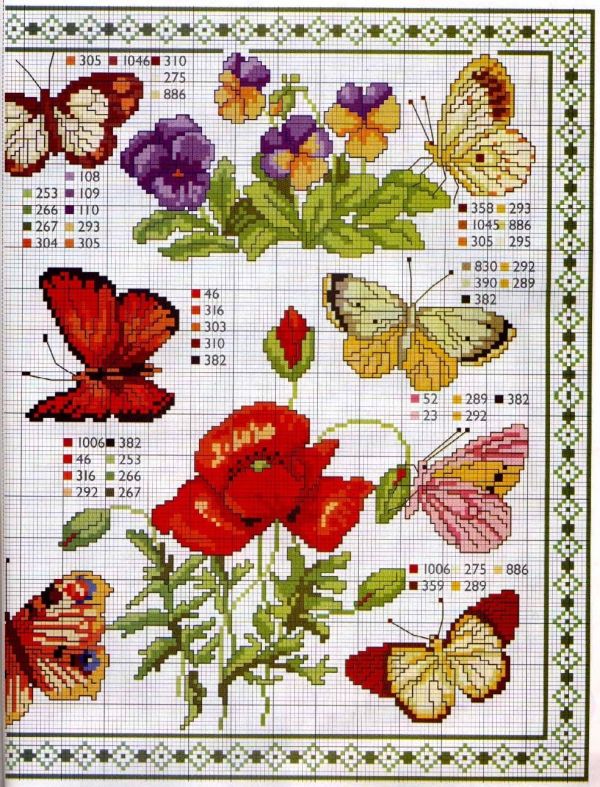 схема вышивки крестом бабочки с цветами мини