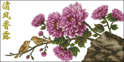 схема вышивки крестом хризантемы и птицы