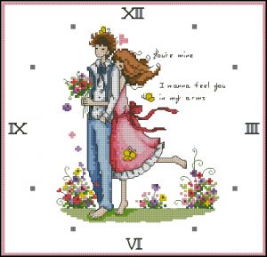 схема вышивки крестом часы с влюблённой парой - обьятья