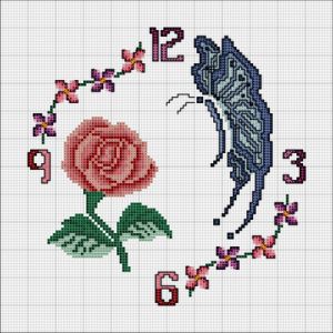 схема вышивки крестом часы с розой и бабочкой