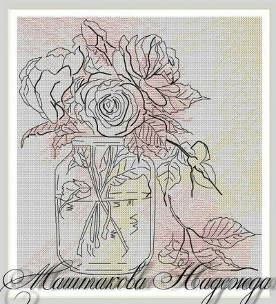 Вышивка Розы на акварельном фоне