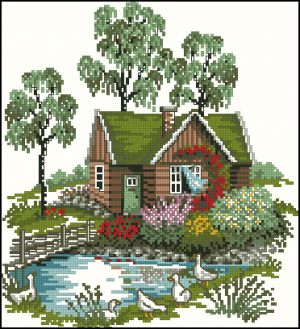Вышивка крестом Домик у пруда с гусями