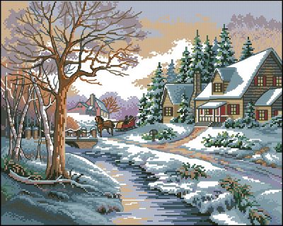 Вышивка крестом Зимний пейзаж - у реки
