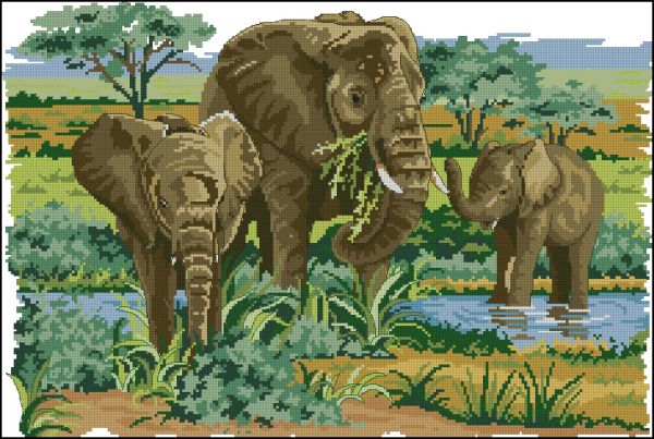 схема для вышивки крестом Слоны на водопое