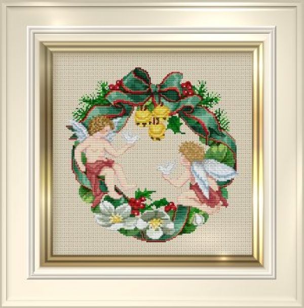Вышивка крестом Новогодний веночек с ангелочками