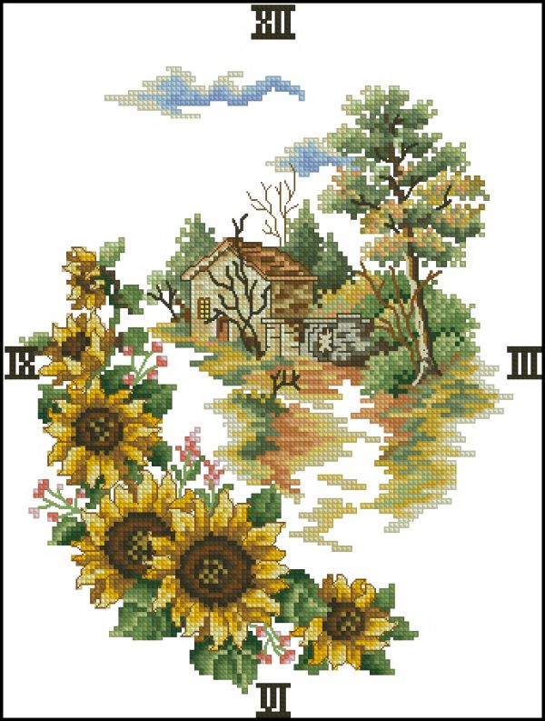 схема вышивки крестом часы милый дом с подсолнухами