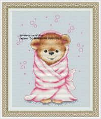 Вышивка крестом детской метрики для девочки - Мишутка в одеялке