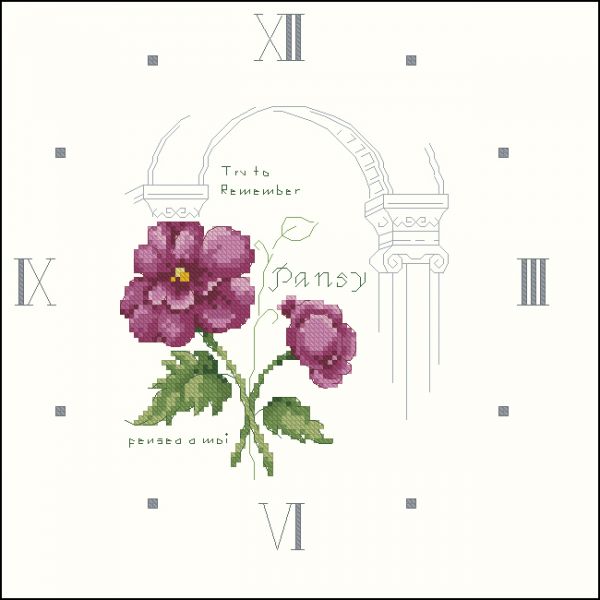 схема вышивки крестом часы с фиалками