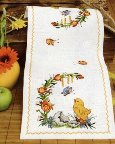 схема вышивки пасхальной салфетки  с цыплятами